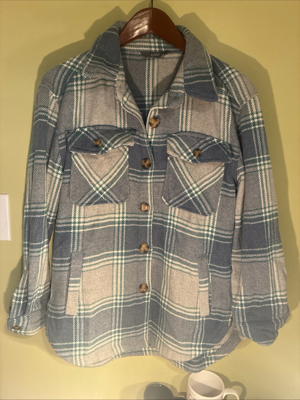 Relaxed Fit Plaid Utility Jacket in Blue and Cream
